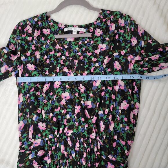 Veronica Beard Silk Floral Mini Dress XS Black Pink Ruched Luxury Designer Boho - Picture 7 of 12
